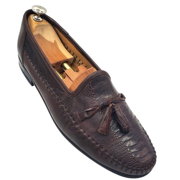 Italy Zelli Men's size 11 Brown Ostrich Exotic Leather Tassel Loafer Dress shoes - Picture 1 of 12